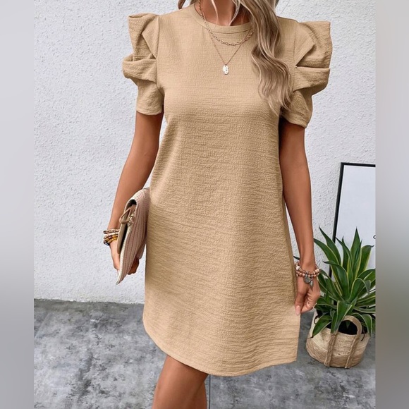 NEW WOMEN'S SOLID PUFF SLEEVE KEYHOLE BACK DRESS-KHAKI- SMALL (4) - Picture 1 of 4